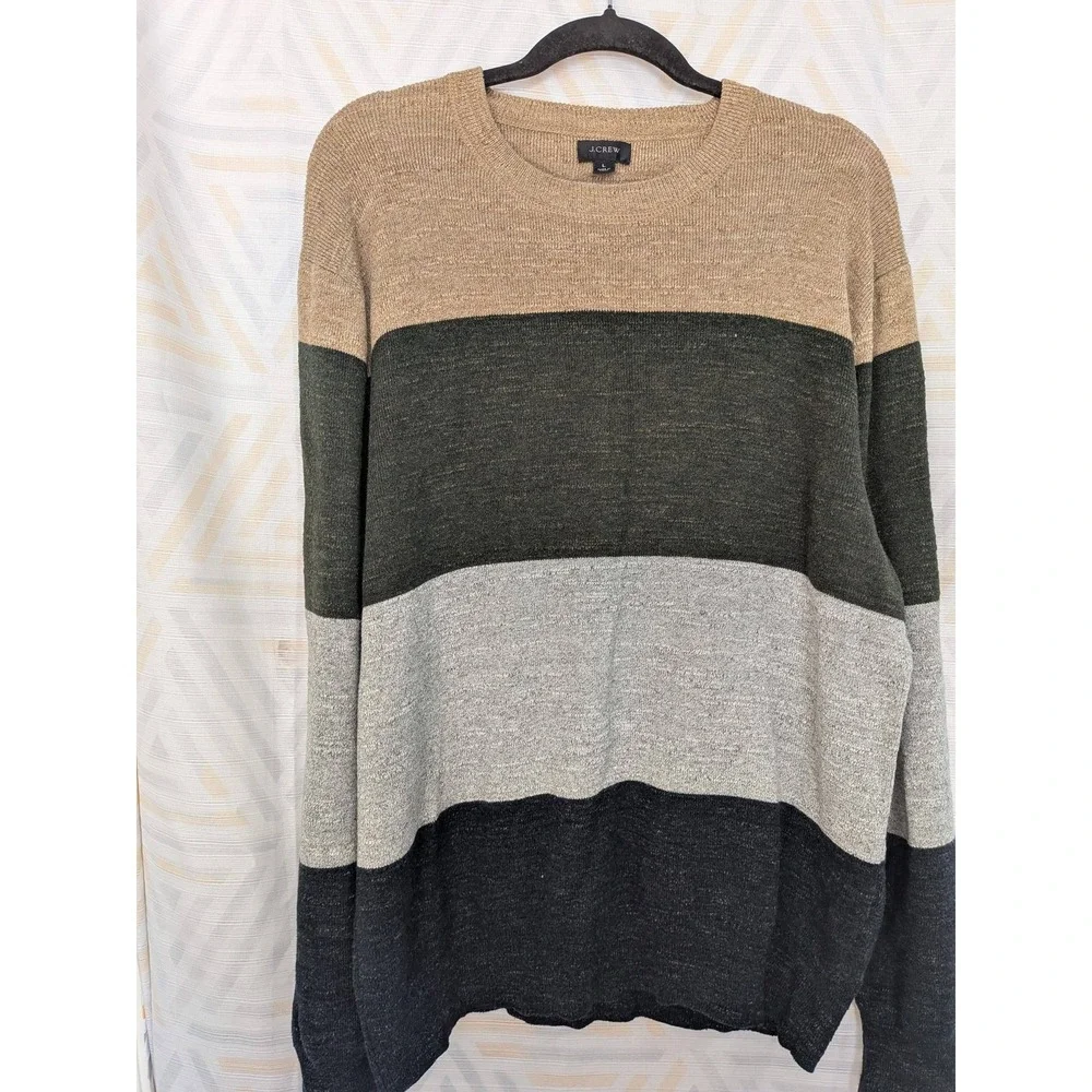 J Crew Mens Striped‎ Crewneck Sweater Cotton L Khaki Green Grey Navy